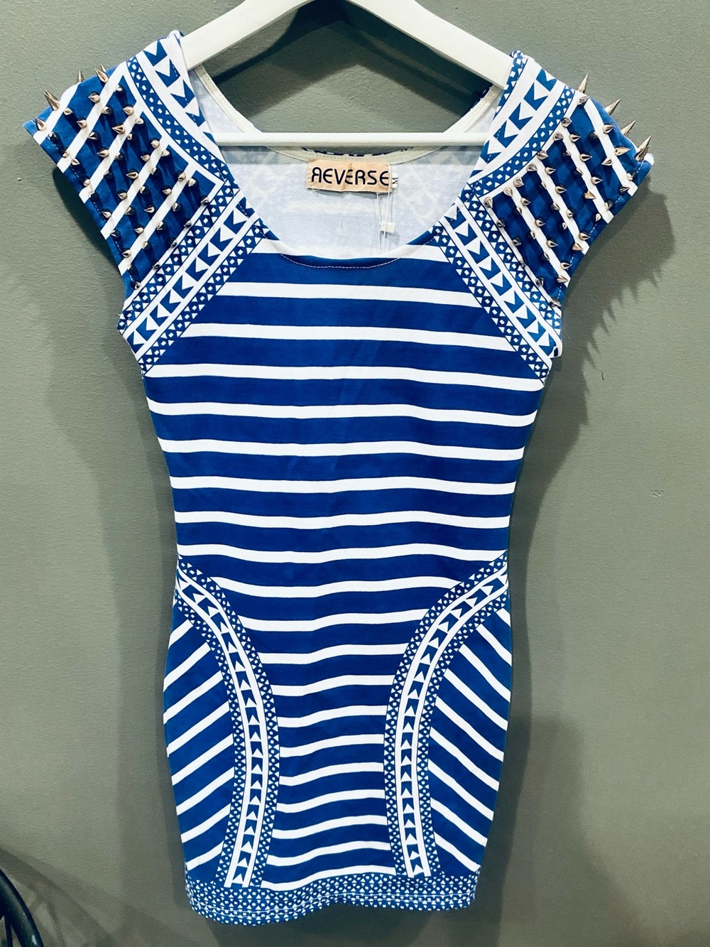 Women’s Reverse Blue White Striped Bodycon Mini Dress Punk Spikes  Sz M New